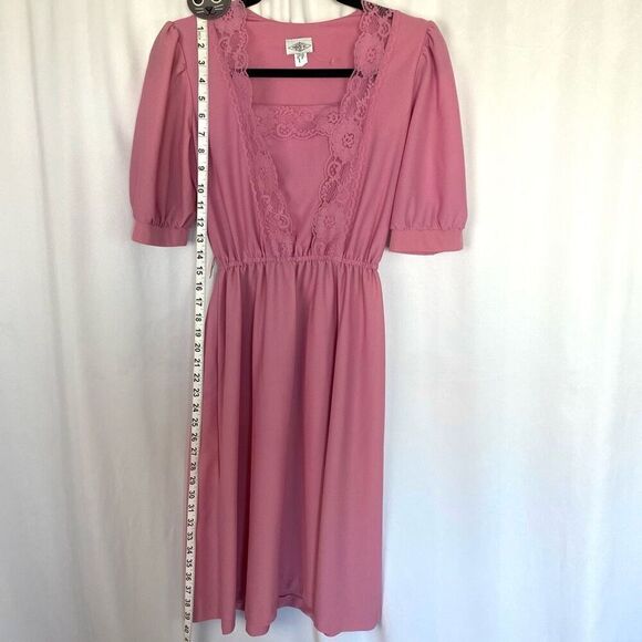 Vintage 70s 80s Pink Mauve Midi Dress Lace Women’s 8 or Small-Medium Stretchy Po - Picture 9 of 14